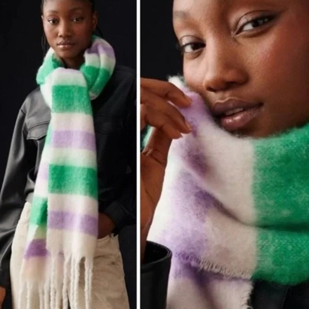 Anthropologie Maeve Cozy Brushed Fringe Striped Scarf Purple Green White Winter